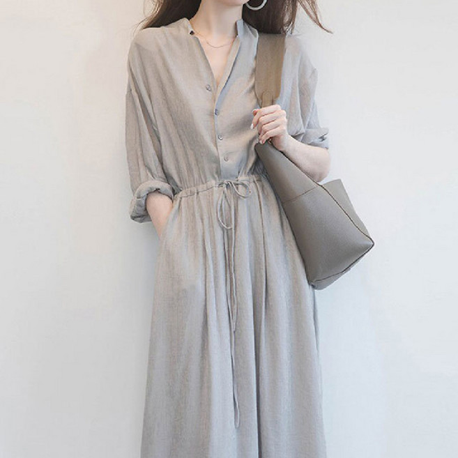 미중 여성 여름 뉴 롱 날씬 기품 여신 단추 박시 원피스 yy