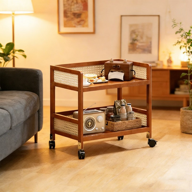 BIKASU 다용도 선반 수납장 무빙 트롤리 조립식선반 카트, 2단, 원목색 35cm