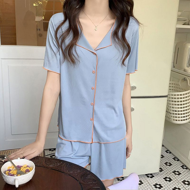 Makone 여성 카라넥 반팔 파자마 쿨팅 심플 모달 데일리 홈웨어 슈트 잠옷 상하의 세트