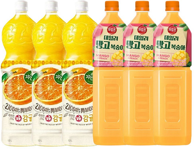 웅진 자연은 감귤 + 해태htb 과일촌 데일리 망고복숭아 주스 (1.5 PET 혼합 각각 3개씩), 6개, 1.5L