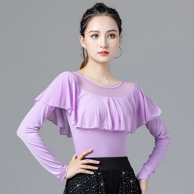 댄스복 상의 여성용 망사 스판 프릴 긴팔 티셔츠 Women's T-shirt 뉴타임즈 K650W129