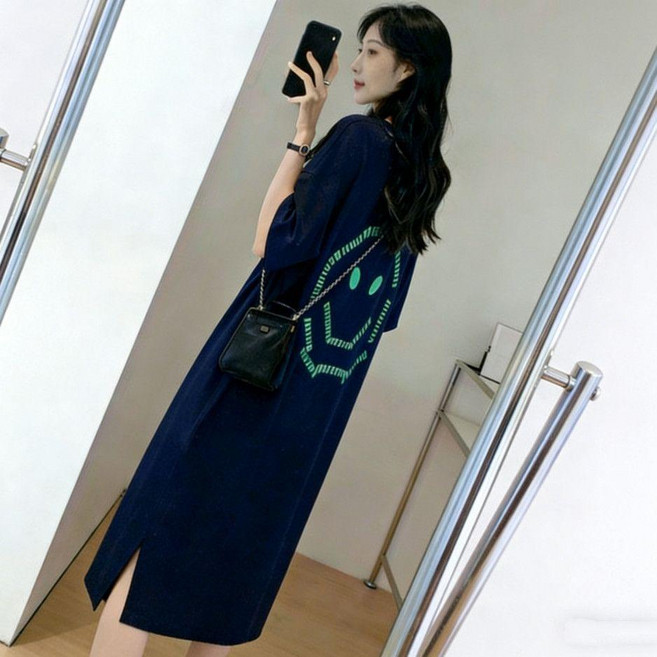 純棉恤裙/u3000寬鬆中長款/u3000連衣裙, 藏青色-印花-純棉,2XL 150-170, 藏青色-印花