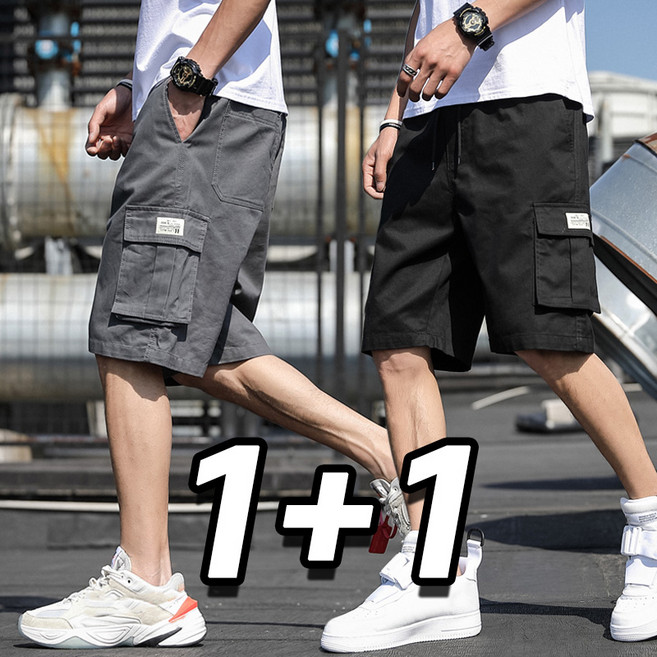 1+1 2장세트 남자 여름 카고 반바지 밴딩 캐주얼 5부 바지 빅사이즈 편안한 포켓 반바지