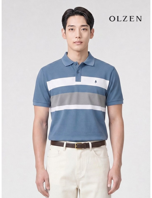 올젠 블럭 배색 카라티셔츠 반팔 블루 ZPF2TT1805