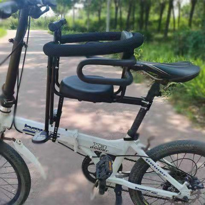 兒童自行車前置安全座椅 摺疊單車寶寶座椅, A款加厚黑扶手+腳踏+靠背+雙護欄