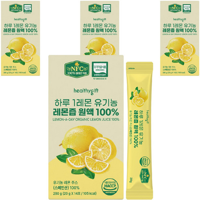 [런칭 특가] 하루 1 레몬 유기농 레몬즙 원액 100% NFC 레몬주스, 280g, 4개