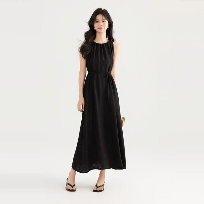 여성 플리츠 민소매 롱 여름 끈나시 프렌치 스타일 허리끈 원피스