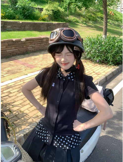 美式波點拼接娃娃領短袖上衣女夏季韓系學院風修身T恤