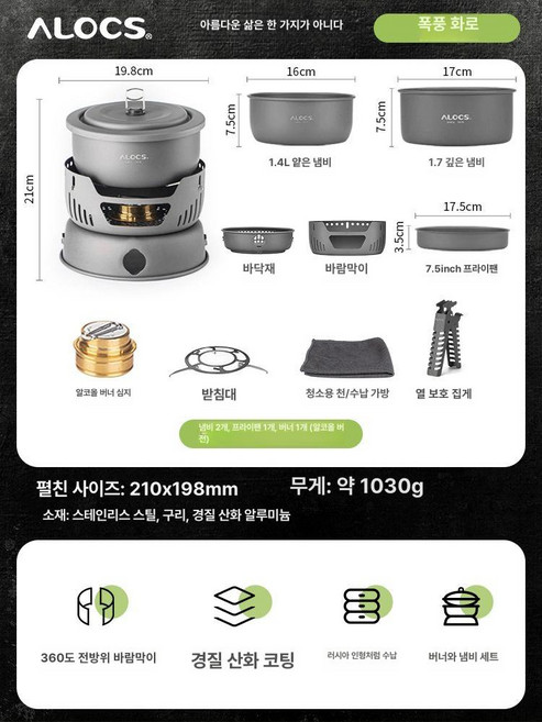 정품버너 포함 알록스 코펠 CW-C05 2-4인용 캠핑 세트 아웃도어 팟, 1개, 2냄비1프라이팬1버너 알콜버전