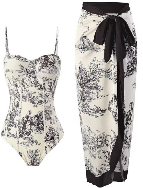 UPPERCUT 여성 원피스수영복 랩스커트 세트 체형커버 비치웨어 모노키니 커버업, 블랙 세트