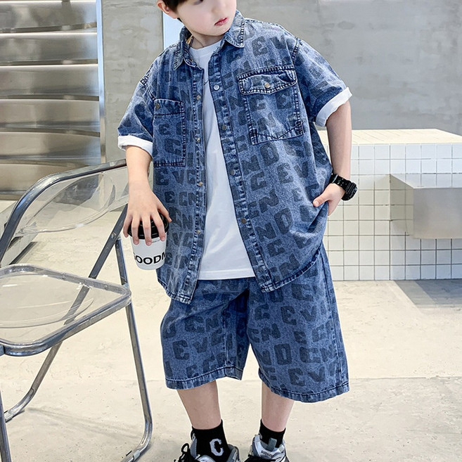 지디오 키즈 남아 여름 데님 반팔 셔츠 + 반바지 상하세트 영문 청 자켓 버뮤다 팬츠 투피스 셋업
