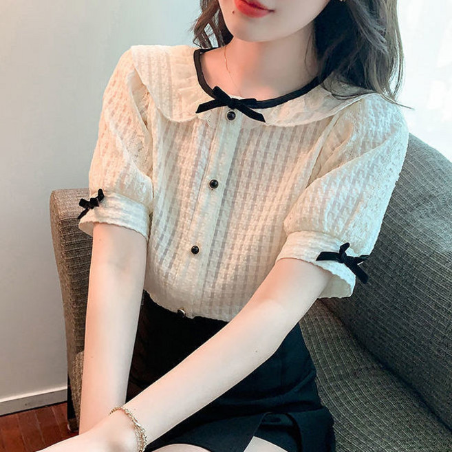 여름 레이스 이너웨어 리본 반팔 시폰 블라우스 nvduanxiu