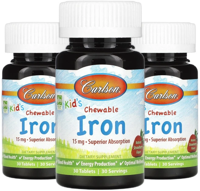 칼슨 어린이용 철분 iron 츄어블 딸기 맛 15mg 30정 2+1, 3개, 30회분 - 쿠팡