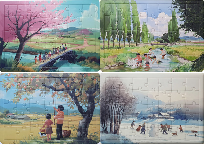 치매 예방 퍼즐 직소 퍼즐 두뇌 훈련 교구 부모님 선물 35조각 A4사이즈 4종 1세트, 봄여름가을겨울, 35피스