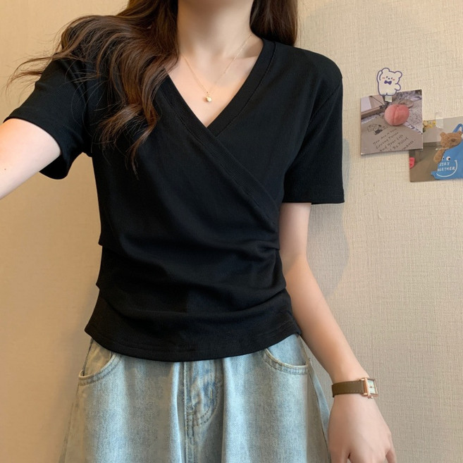 V領交叉短袖T恤 上衣 女裝 短袖上衣 氣質服裝