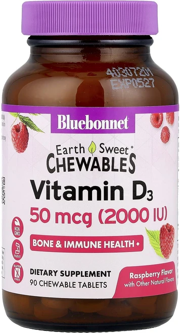 블루본넷뉴트리션 EarthSweet 츄어블 비타 D3 라즈베리 2000 IU 90정, 2개 - 쿠팡