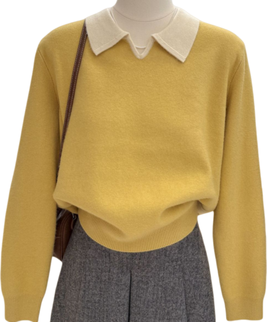 Makone여성 가을 겨울 카라넥 투톤 니트 티셔츠 무지 캐주얼 스웨터