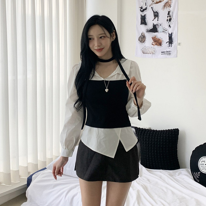 [핏강추/레이어드/2col] 리즌 일체형 뷔스티에 니트 셔츠 타이 머플러 세트