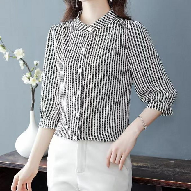 에쥬아 스트라이프 셔츠 스탠드넥 7부소매 셔츠 엄마옷 셔츠블라우스
