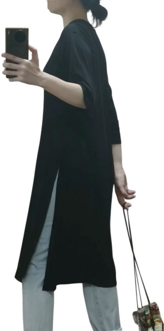 S貓衣所 極簡約開衩七分袖上衣(莫代爾觸感), 黑色