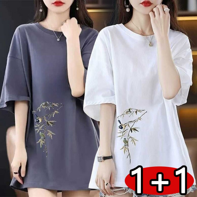 1+1 라운드 반팔티 캐주얼 여성 여름 심플티 데일리 루즈핏 날씬해보이는 프린트 박스티 오버사이즈 롱티