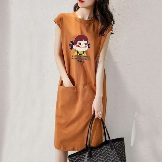 2023夏季寬鬆T恤連衣裙 S-4XL 大尺碼純色中長款韓版顯瘦短袖洋裝, 牛奶妹卡其,2XL