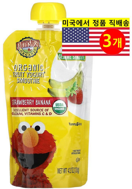 Earth's Best 2세 이상 어린이용 맛있고 영양이 풍부한 오가닉 퓌레 이유식 파우치 120g 3개, 딸기 바나나 요거트