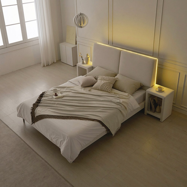 국내제작 인홈 몰디브 LED PU 가죽 파운데이션 침대 프레임+A1 매트리스 포함, 크림화이트