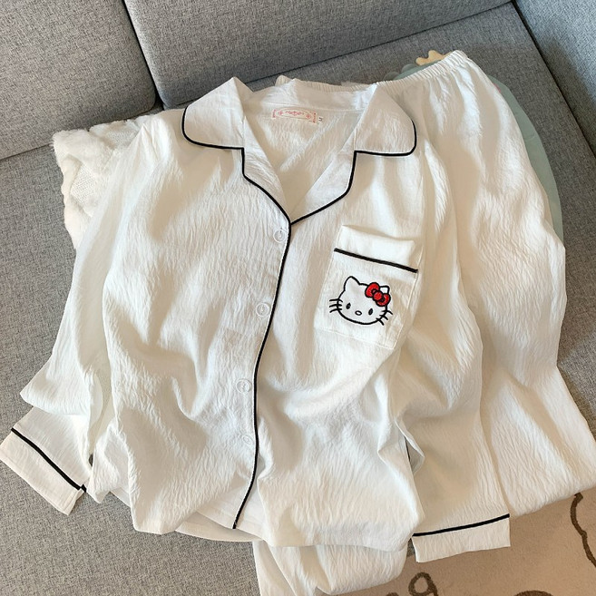 LOVEND 귀여운 헬로 키티 남녀공용 커플 홈웨어 세트 긴팔 긴바지 잠옷 세트