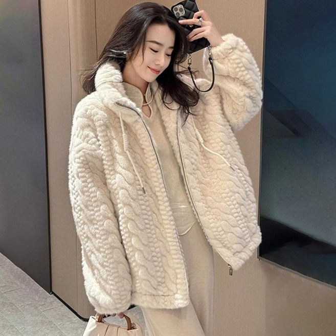 ORZQU 여성용 오버핏 털점퍼 스탠드 칼라 양털 후리스 자켓 따뜻한 부드러운 보온 뽀글이 겨울 방한코트