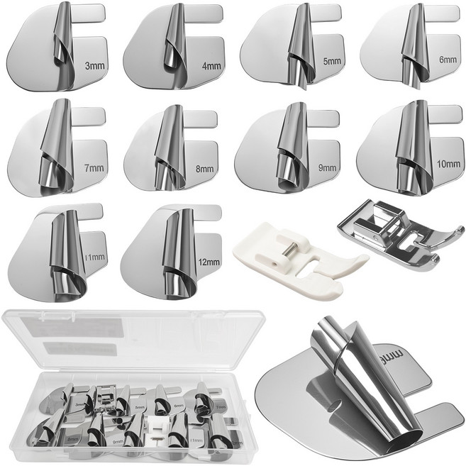 가정용 재봉틀 노루발 나선형 말아박기 랍빠 12개 세트 미싱용 직선 노루발 미싱 부품 부자재 3-12mm 스텐/플라스틱