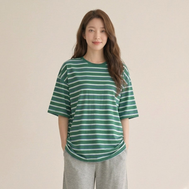 드마엘 여성 레노드 오버핏 배색 스트라이프 반팔티 (3color)+델로나