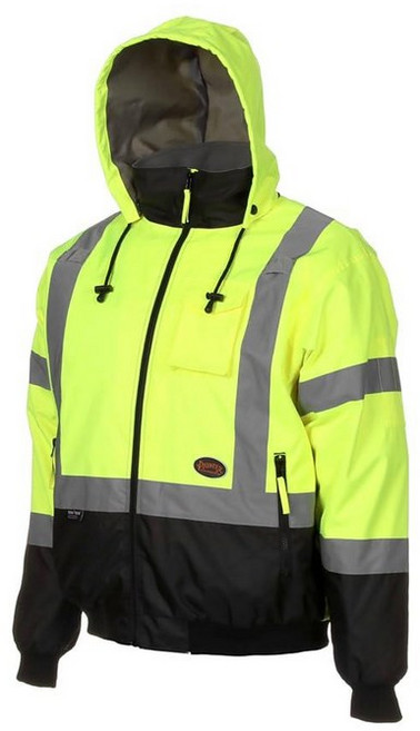 Pioneer 가시성이 높은 안전 봄버 재킷 비용 Hi-Viz 방수 반사 ANSI 클래스 3 탈착식 후드가 있는 작업용 코트 남성용 옐로우/블랙, 1개