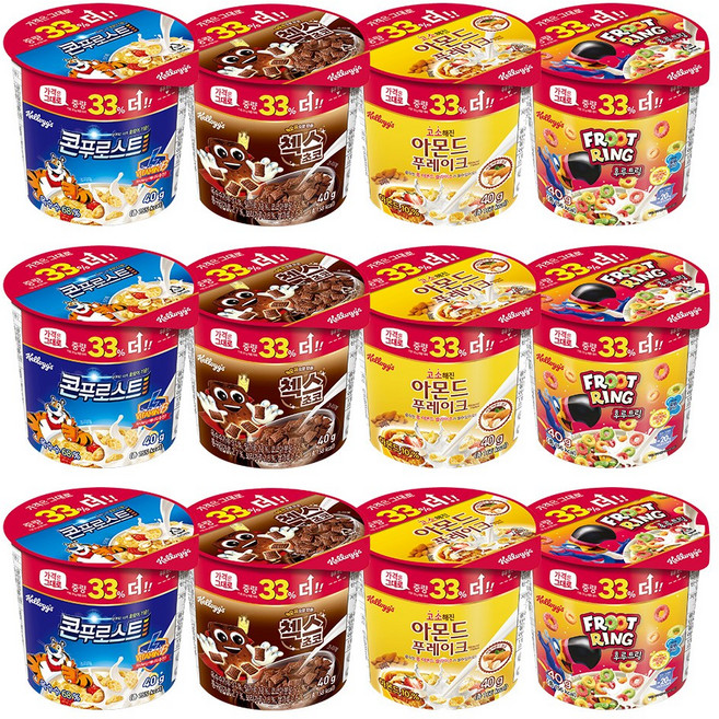 켈로그 컵시리얼 콘푸로스트 3개 + 첵스초코 3개 + 후르트링 3개 + 아몬드푸레이크 3개, 1세트, 30g