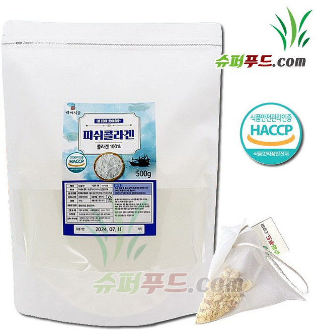 HACCP 식약처 인증 피쉬 콜라겐 100% 저분자 피쉬콜라겐 젤라틴 (피쉬) 콜라겐 100%+ 슈퍼푸드.com 연자육 티백, 1개, (팩 500g + 1g), 500g