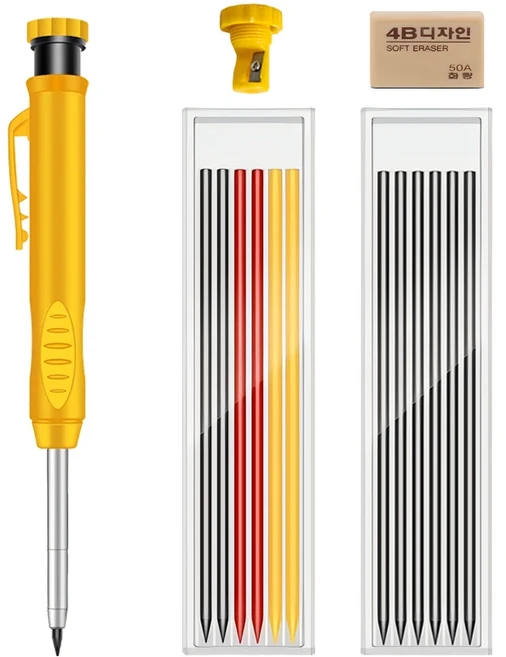 내장형 샤프너가 있는 견고한 목수용 연필 세트 깊은 구멍 표시 도구 정밀 작업용 자동 연필 드로잉 리드, 01 Yellow Set