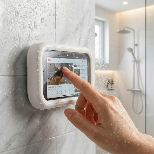 퓨어센스 욕실 주방용 방수 터치 360도 회전 핸드폰 거치대, 1개, 화이트