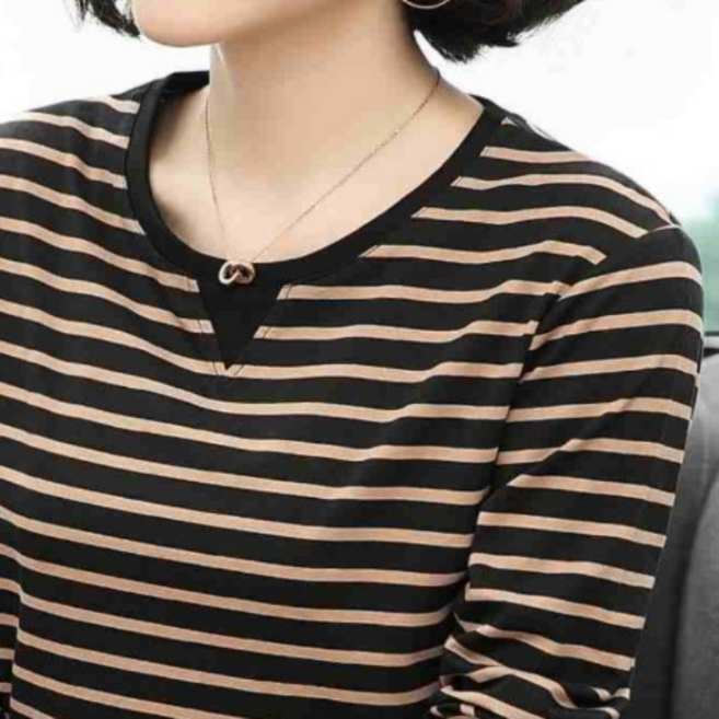 로루아 빅사이즈 여성 스트라이프 심플 라운드 맨투맨 긴팔 티셔츠