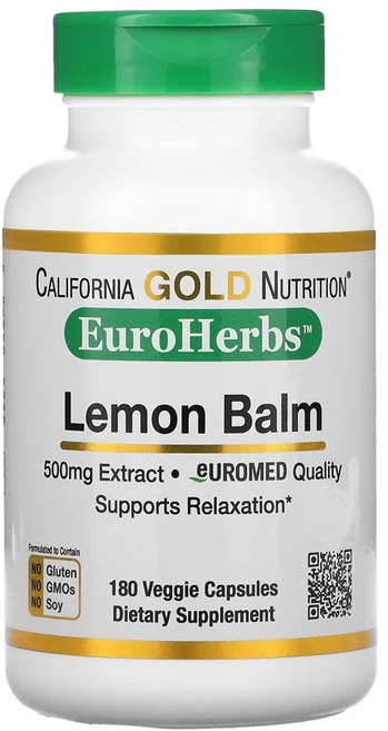 캘리포니아 골드 레몬밤 추출물 EuroHerbs 500mg 베지 캡슐 180정, 1개 - 쿠팡
