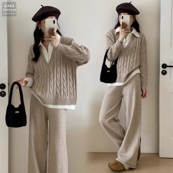 FINE ART 여성 레이어드 스웨터 니트 바지 상하세트 카라 니트티 + 와이드팬츠 캐주얼 니트투피스 데일리