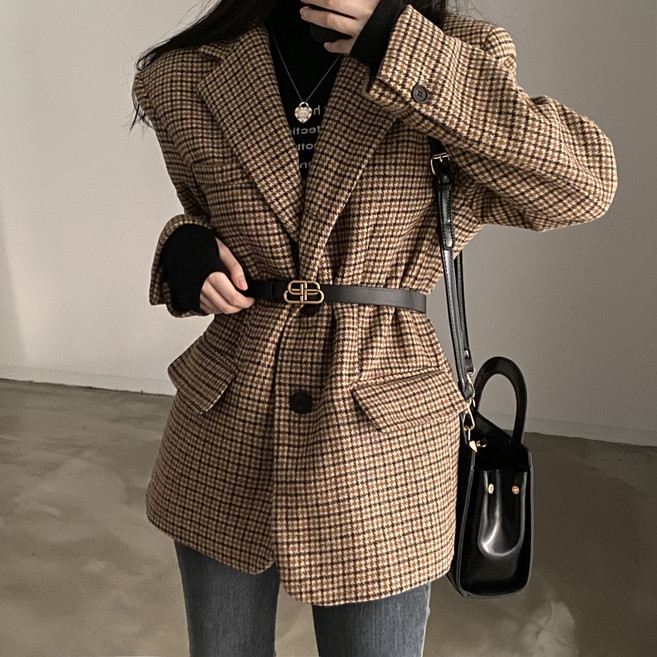 레티고 하운드체크 루즈핏 모직 하프 자켓