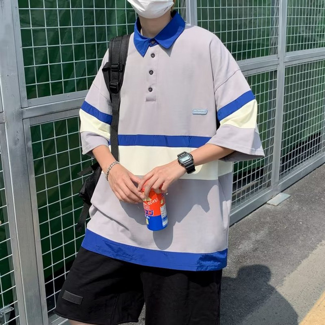 여름 항풍 스트라이프 테니스 셔츠 반팔 남 트렌드 루즈핏 터틀넥 반팔 티셔츠