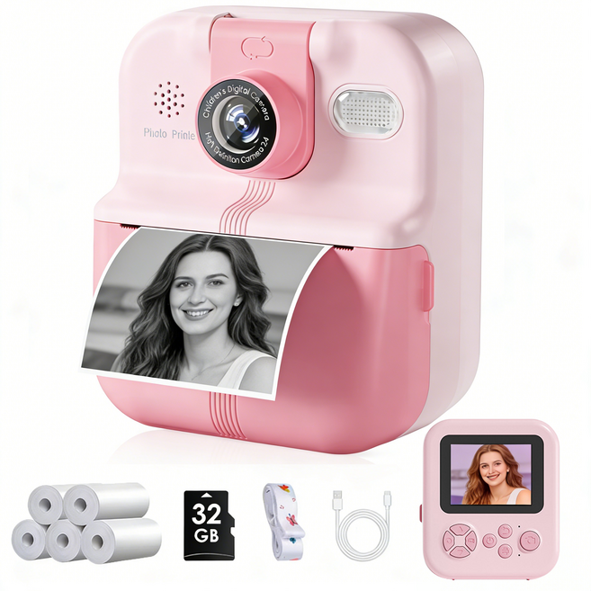 프린트 카메라 즉석 카메라 사진기 컬러 디지털 카메라 사진+동영상+프린트 3in1 열전사지카메라 감열식 영수증카메라 빈티지 필름카메라 (32GB SD카드+카드리더기+인화지5롤), 1개, 핑크