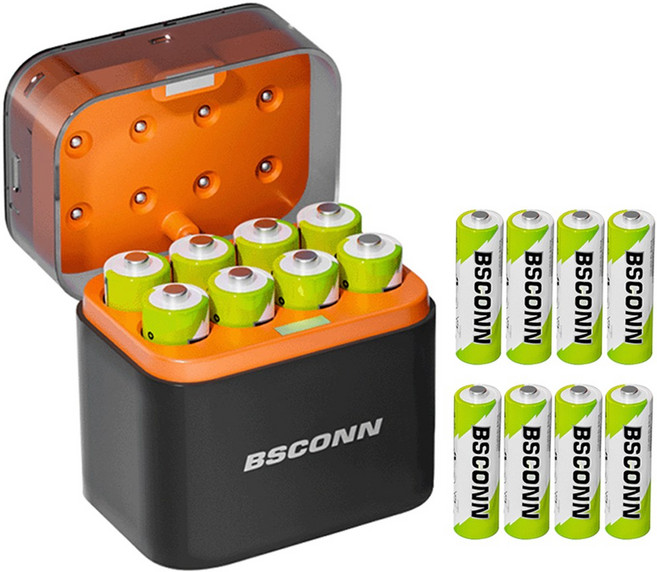 BSCONN 건전지 충전기 케이스 + 3600mWh AA 충전지 8P 장난감용 충전식 리튬이온 배터리 세트, 1세트