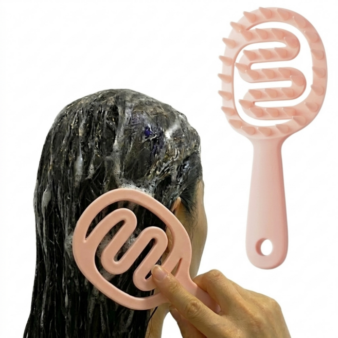 실리콘 두피 마사지기 샴푸 브러쉬 엉킴 없는 시원한 롱핸들 샴푸빗, 1개, 피치핑크