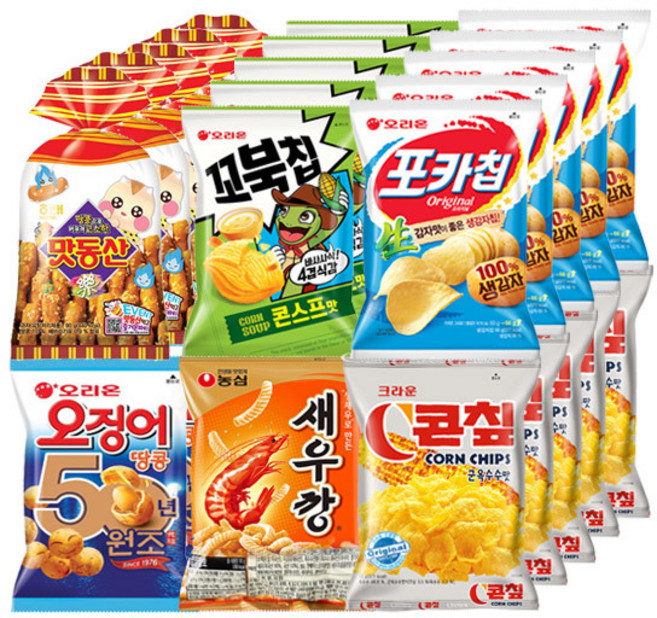 농심 MINI 새우깡 30g+맛동산 70g+포카칩 오리지널 30g+꼬북칩 30g+콘칩 44g+오징어땅콩 80g, 1세트, 각5개(30개)