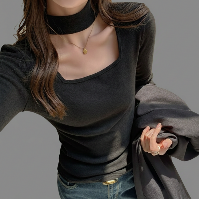 에쉬울프 얇은 기모 목폴라 포인트 스퀘어넥 긴팔 티셔츠