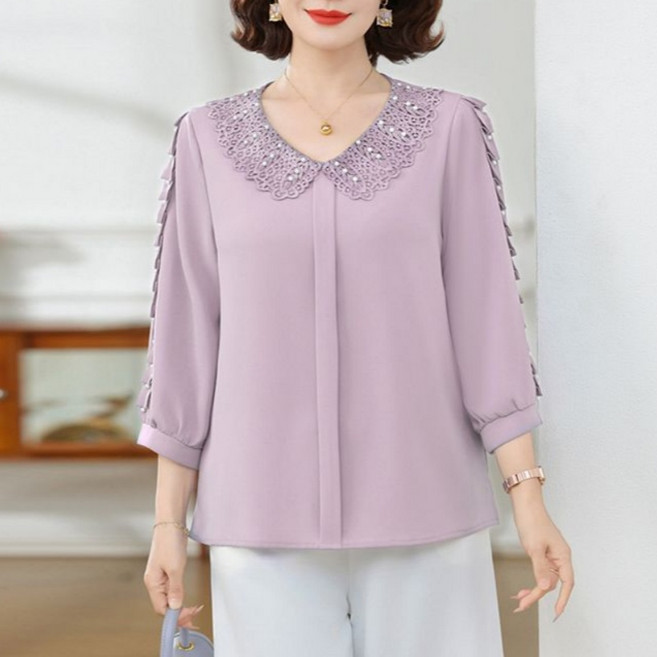 Makone 여성 네크라인 레이스트리밍 중장년 여성복 솔리드 패션 심플 스타일리쉬 7부 소매 빅사이즈 데일리 긴팔 블라우스 엄마옷 풀오버 상의