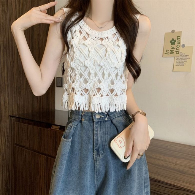 아이엠몽 여성 로프 짜임 크로셰 크롭 민소매 탑
