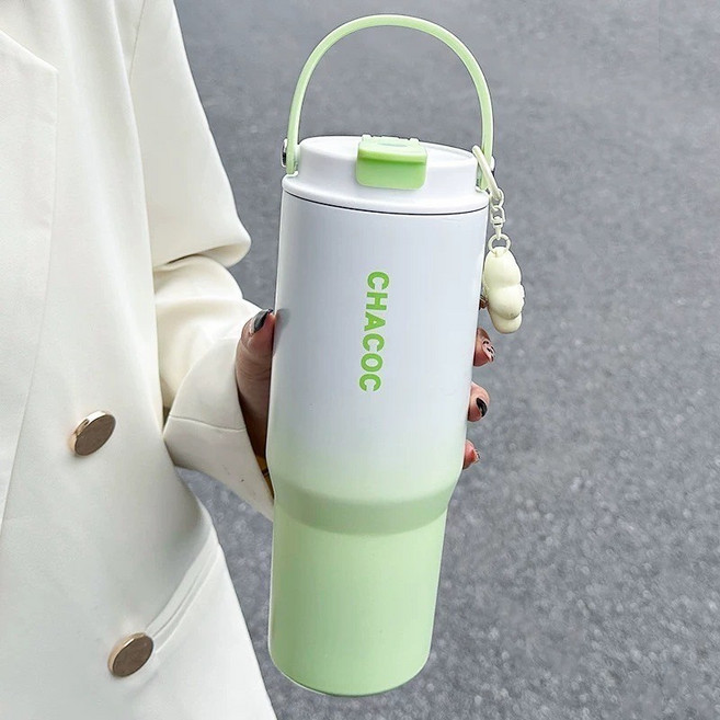 CHACOC 手提漸層保溫杯 900ml 304不鏽鋼雙飲口附吊飾, 1個, 夢幻漸層【綠900ml】雙飲口+送吊飾, 夢幻漸層【綠】